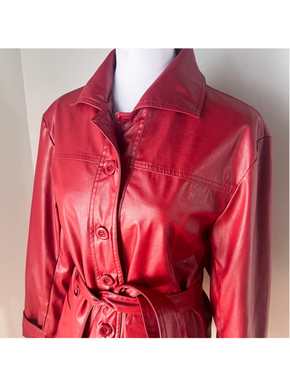 Vintage Learsi Jacket Womens Red Faux Leather Belted Retro Sz M Y2K 90s longline - Picture 7 of 15